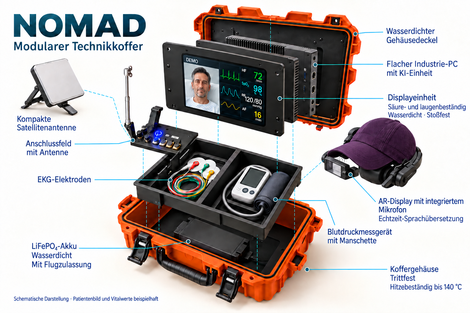 Konzeptdarstellung eines orangefarbenen NOMAD-Koffers mit EKG-Elektroden, Blutdruckmessgerät und Bildschirm zur Unterstützung aus der Ferne
