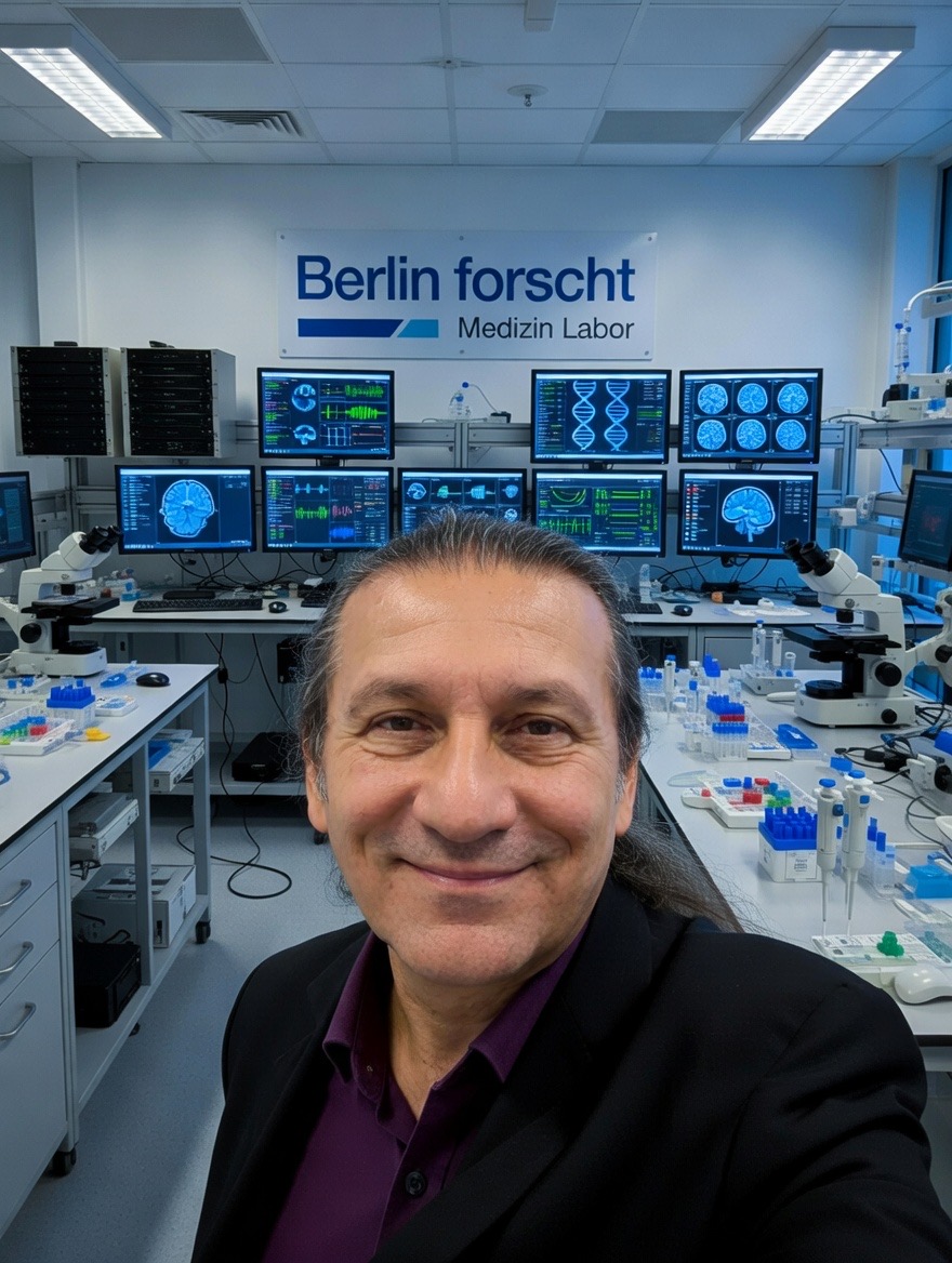 Bereitgestelltes Porträt vor einer Laborumgebung